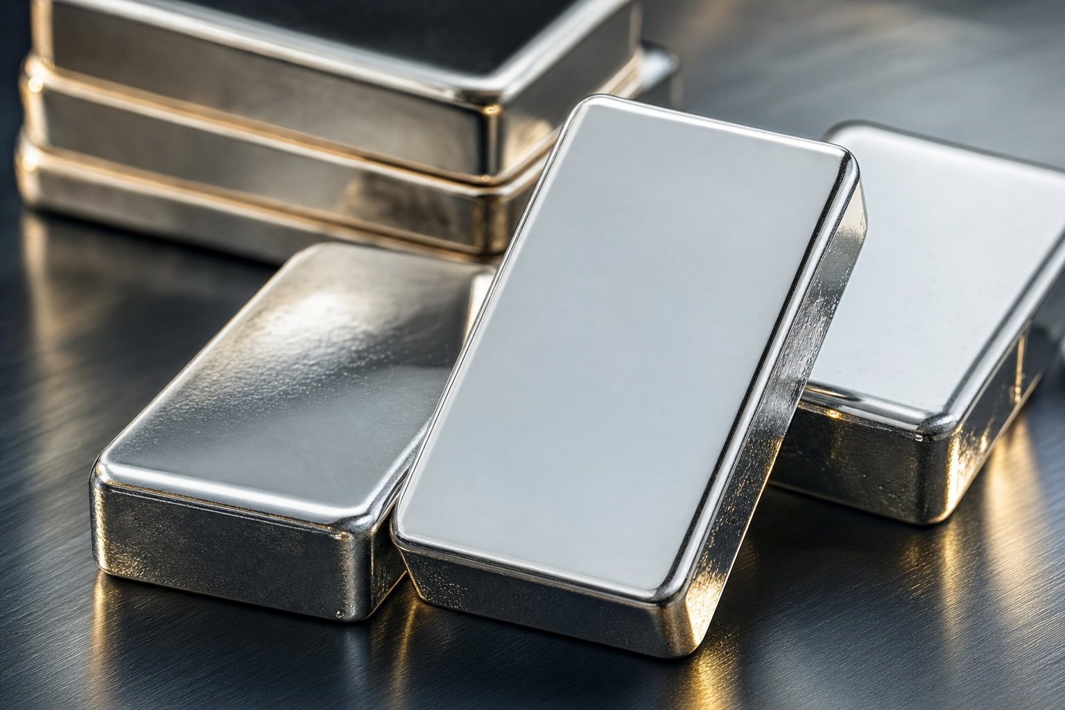 Mehrere 50 g Feinpalladiumbarren mit silbrig-weissem Metallglanz auf dunkler Oberflaeche