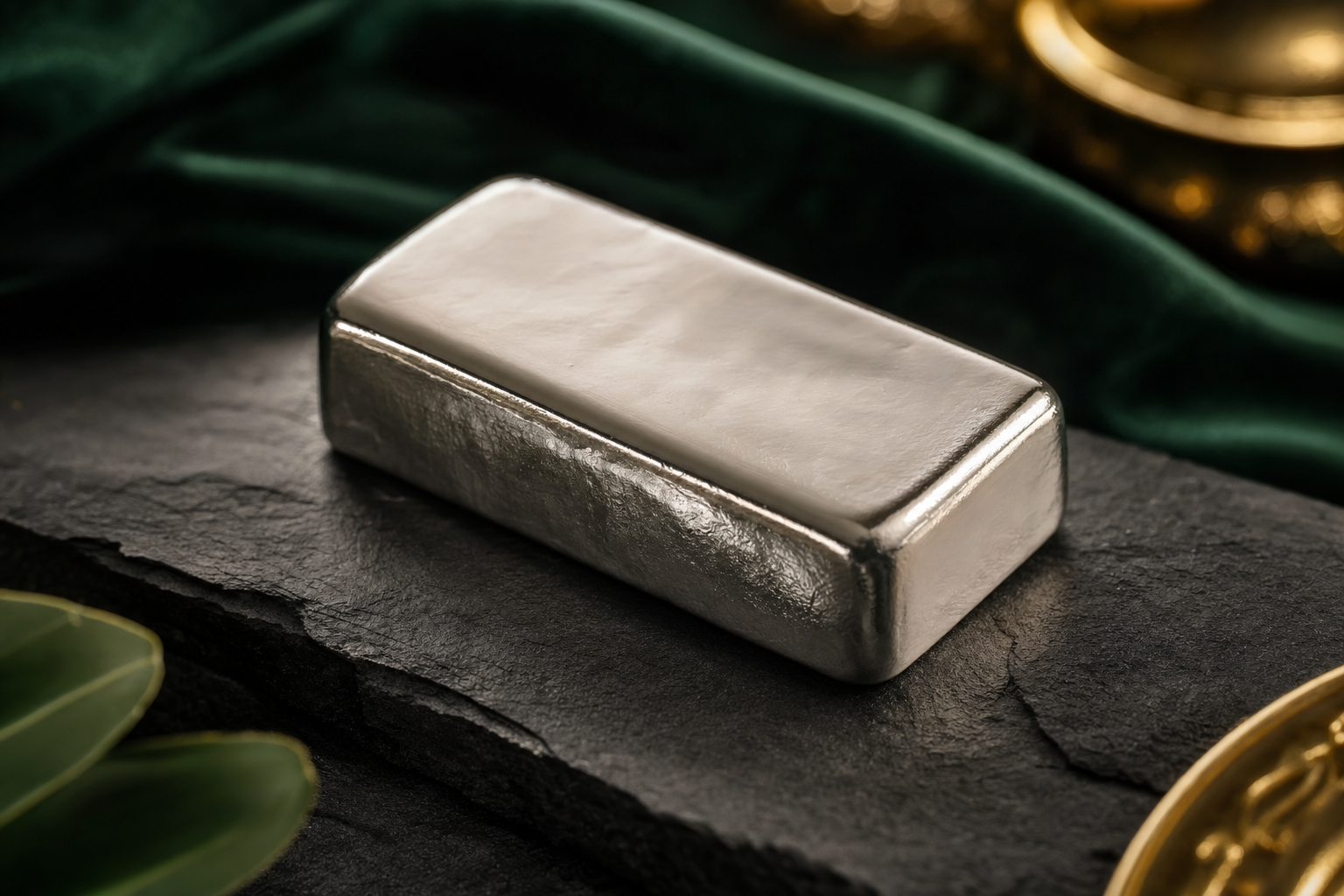 100 g Palladiumbarren mit silberweiss glaenzender Oberflaeche auf dunklem Schiefer