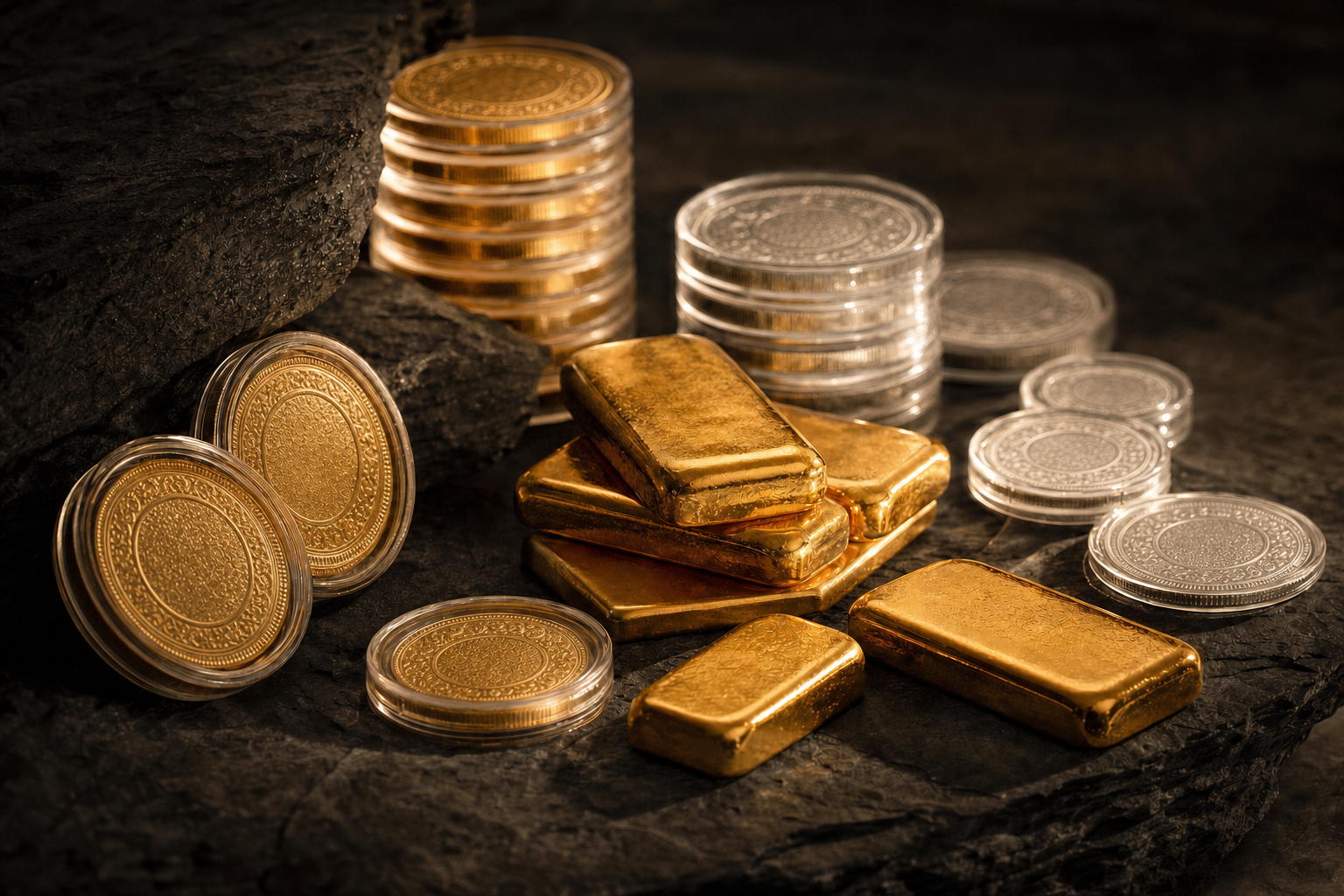Kleine Anlagegoldmünzen mit Prägerelief, Gramm-Goldbarren und Silbermünzen in Schutzkapseln auf dunklem Schiefer