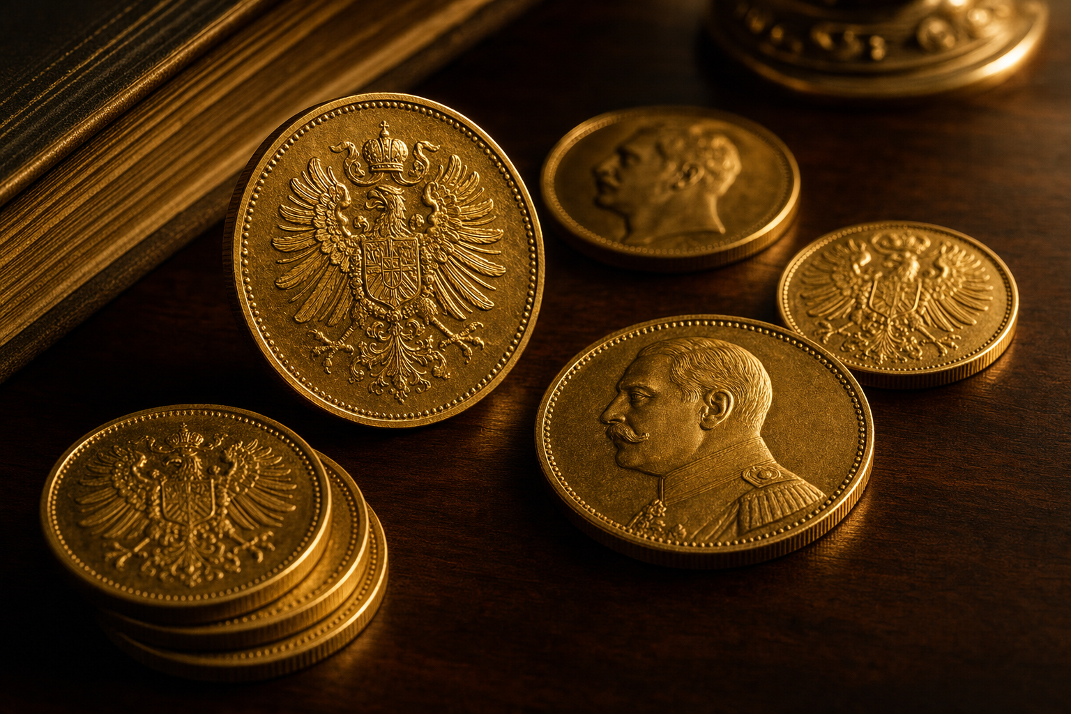 Historische deutsche Goldmünzen mit Adler- und Portraitreliefs auf dunklem Holz im warmen Goldlicht
