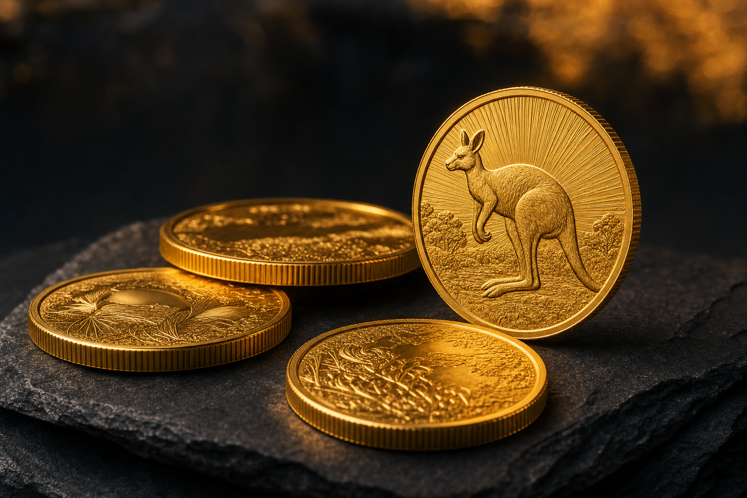 Australische Goldmünzen mit Kängurumotiv auf dunklem Schiefer in warmem Goldlicht
