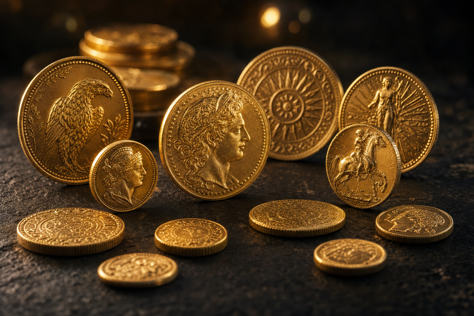 Sortiment verschiedener Goldmünzen in unterschiedlichen Größen auf dunklem Untergrund