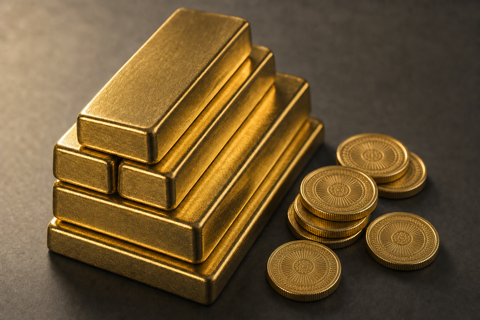 Gestapelte Goldbarren neben geprägten Goldmünzen mit Randriffelung auf dunklem Schiefer