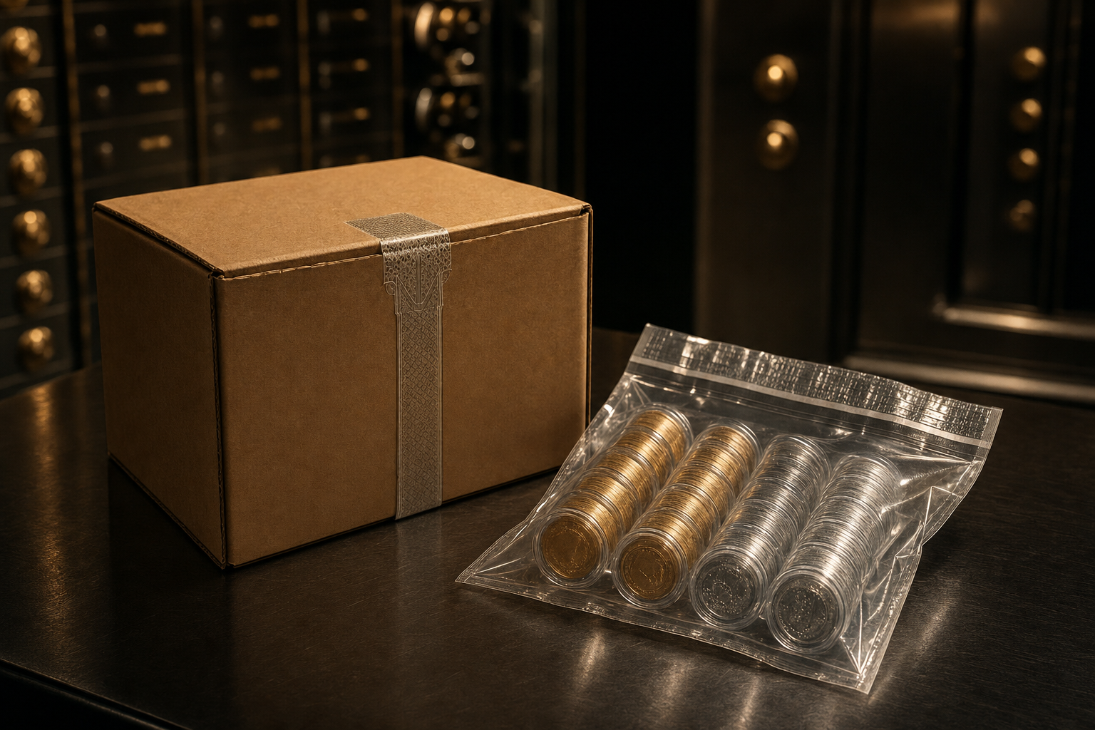 Unbedrucktes Versandpaket mit Sicherheitssiegel neben einem versiegelten Safebag mit Münztuben in einem Sicherheitslager