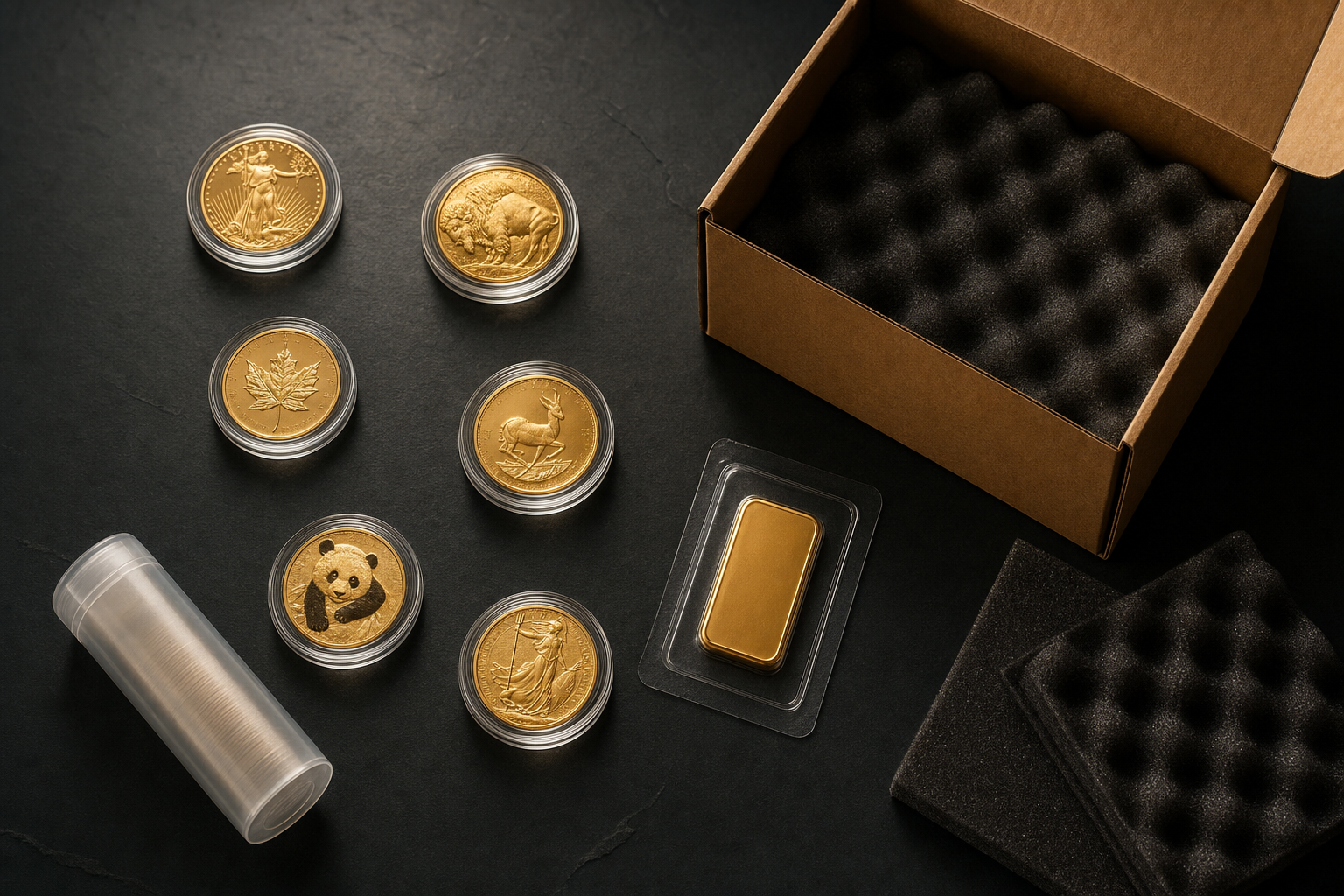 Gekapselte Goldmünzen, geblisterter Goldbarren und Münztube neben einem neutralen Versandkarton mit Polstermaterial