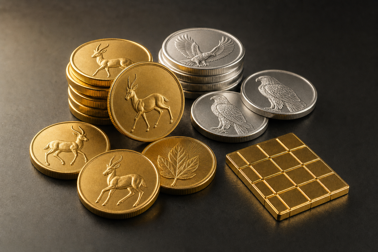 Geprägte Goldmünzen mit Tiermotiv, Silbermünzen mit Adlermotiv und ein geteilter Gold-Tafelbarren auf dunklem Schiefer