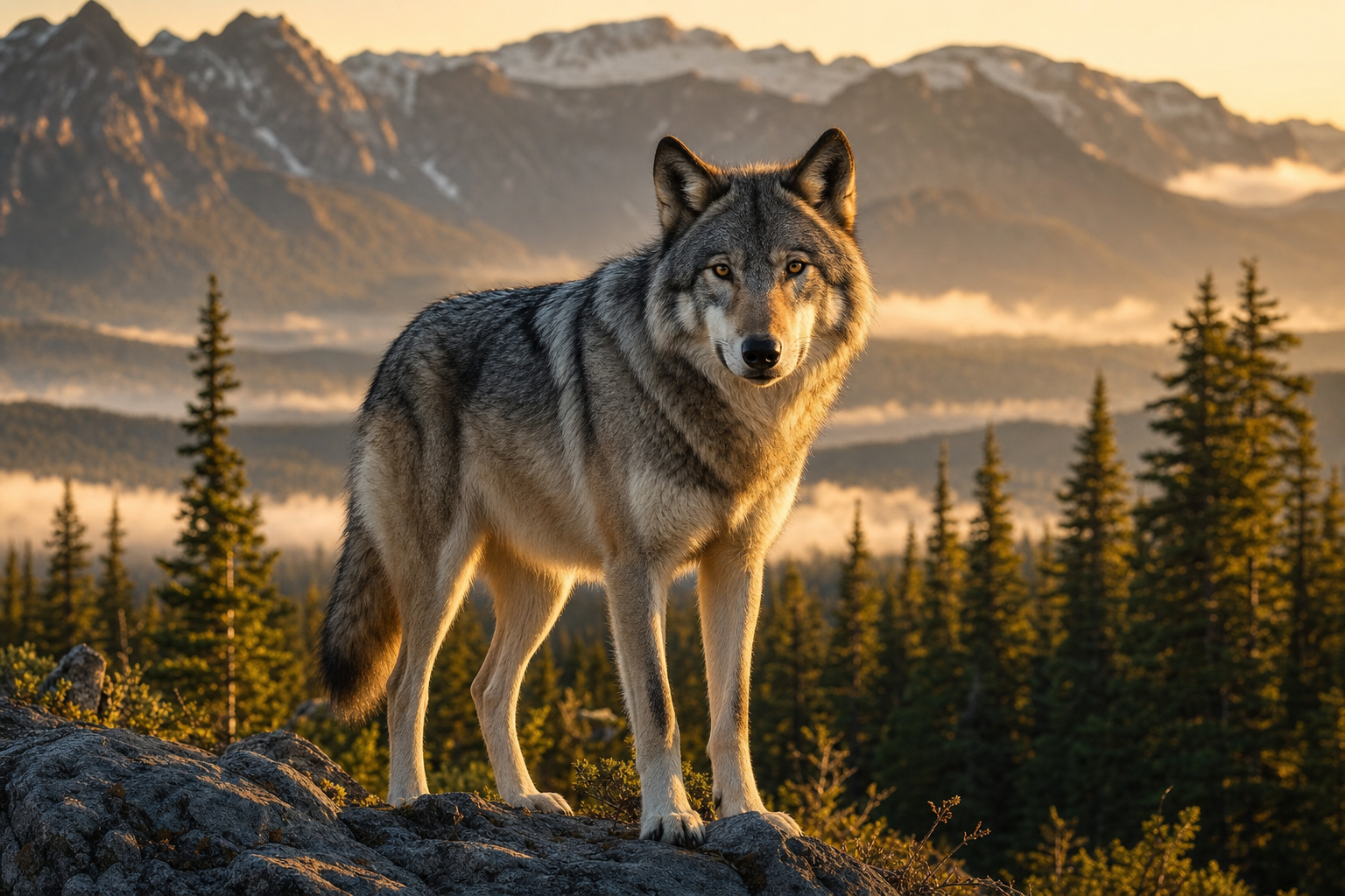 Wolf auf einem Felsgrat in der kanadischen Wildnis bei goldenem Abendlicht