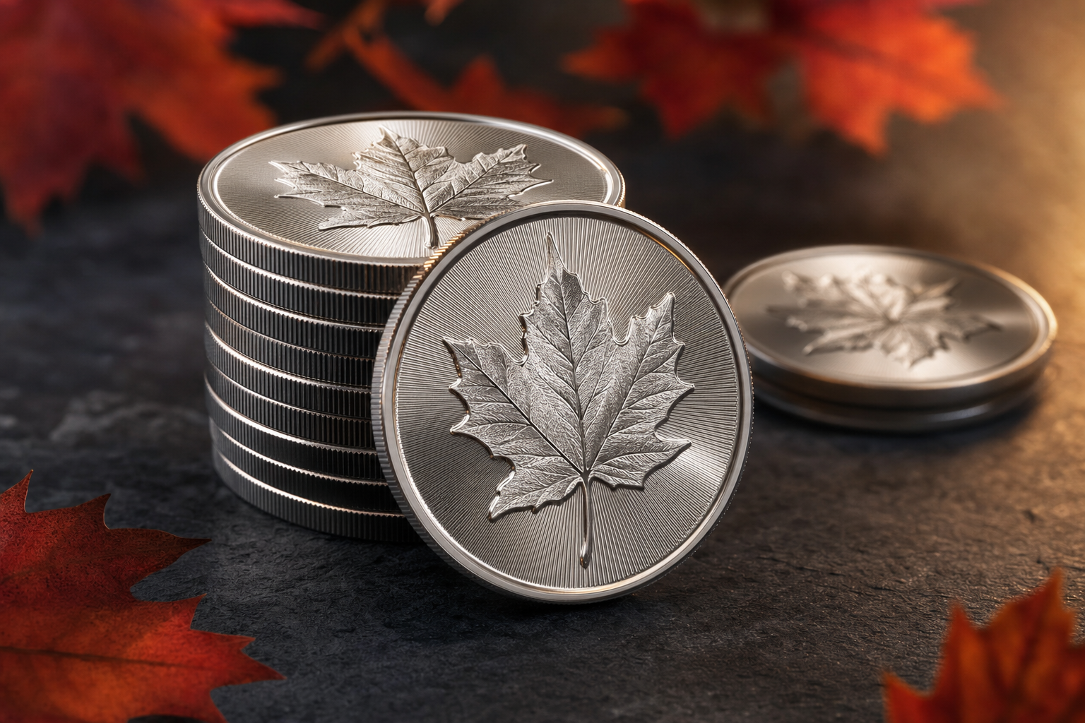 Gestapelte Silber Maple Leaf Münzen mit Ahornblatt-Motiv auf dunklem Untergrund