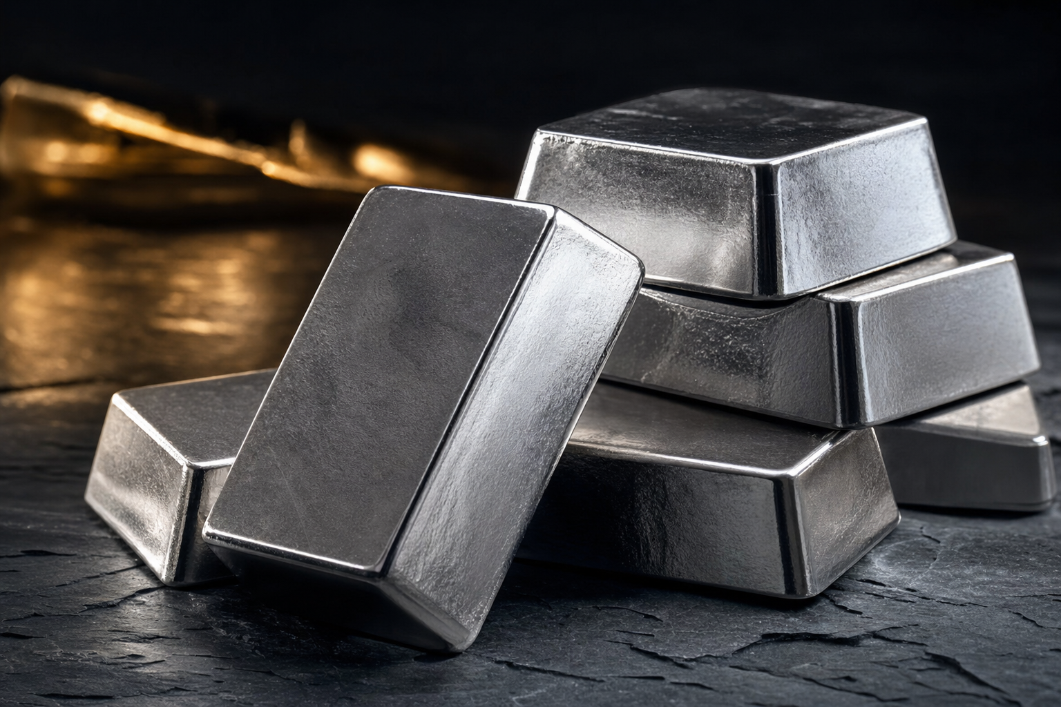 Mehrere polierte Platinbarren gestapelt auf einer dunklen Schieferflaeche mit silbrig-weissem Metallglanz
