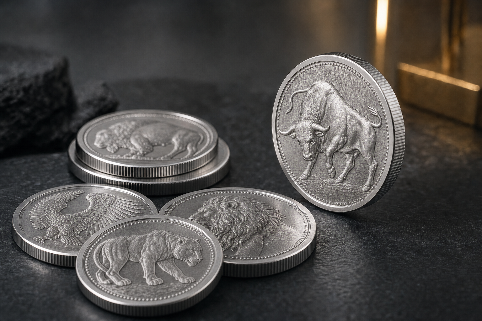 Mehrere geprägte Platin-Anlagemünzen mit klassischem Reliefbild und Perlrand, silbrig-weißer Metallglanz auf dunklem Schiefer