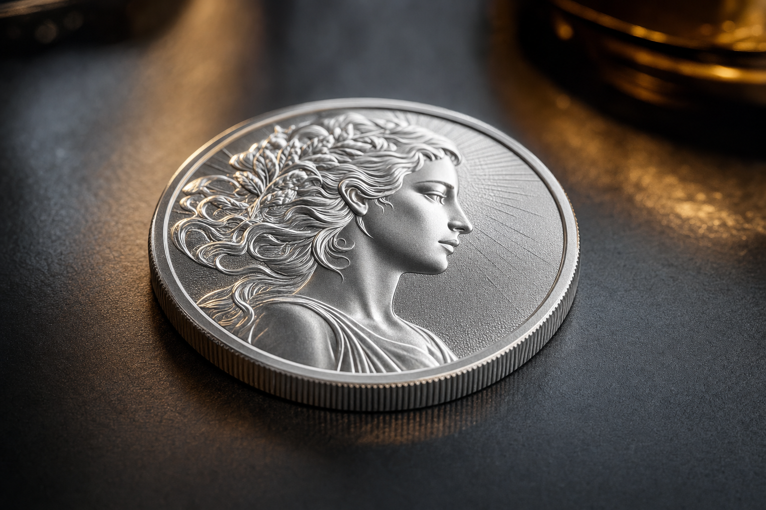 Silbrig-weiße Palladium-Anlagemünze in Nahaufnahme auf dunklem Untergrund
