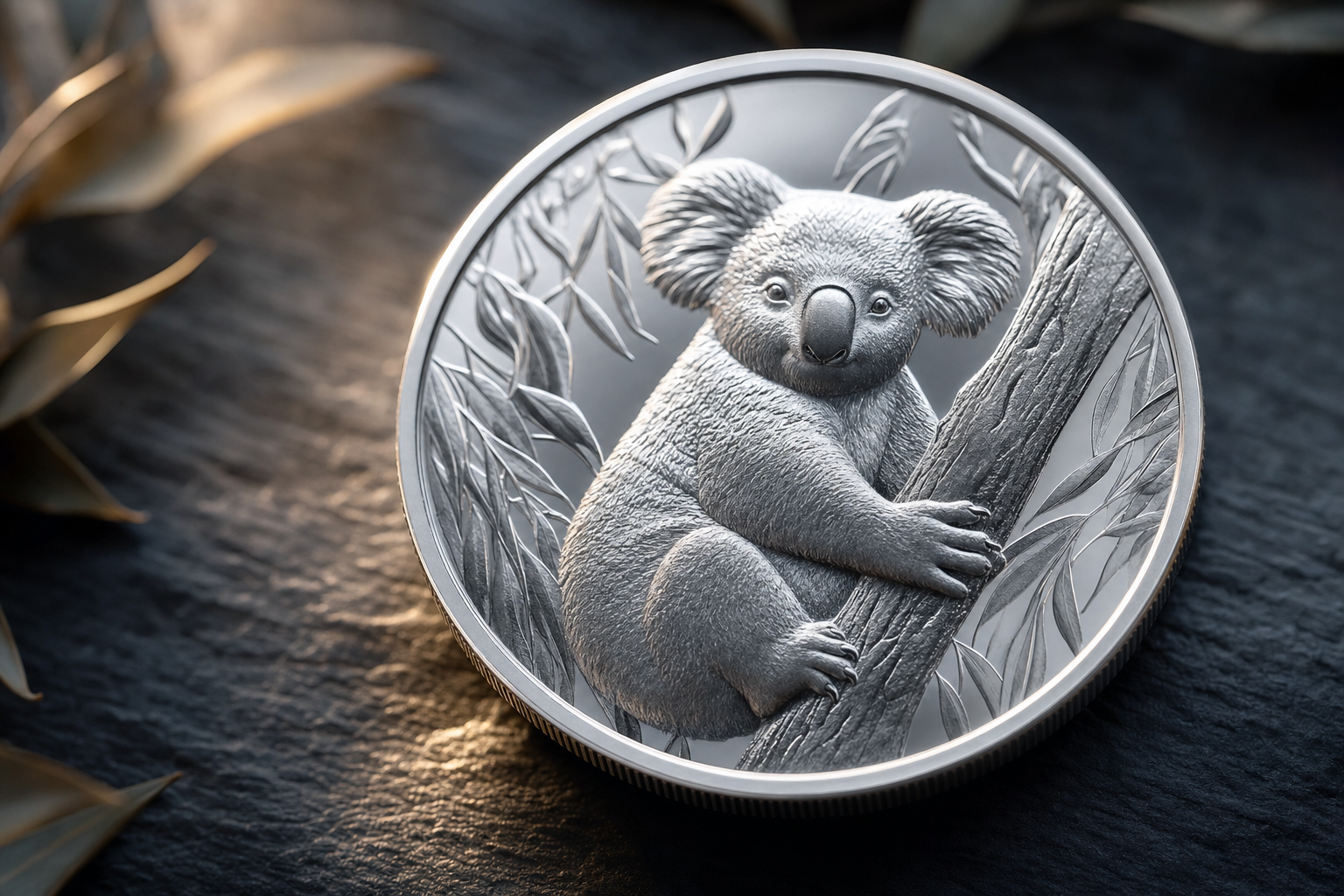 Silber Koala Münze mit Koala-Motiv im Eukalyptusbaum in Nahaufnahme