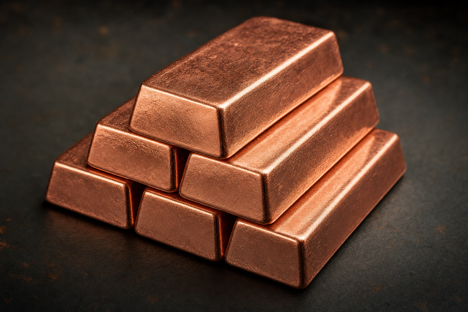 Gestapelte 10 oz Kupferbarren mit warmem rotgoldenem Metallglanz auf dunkler Schieferfläche