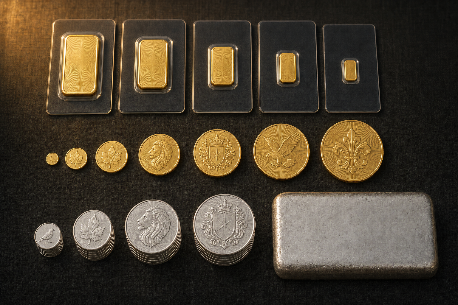 Gemischtes Edelmetall-Portfolio aus Kleingoldbarren, geprägten Goldmünzen verschiedener Stückelungen und Silbermünzen mit Kilobarren