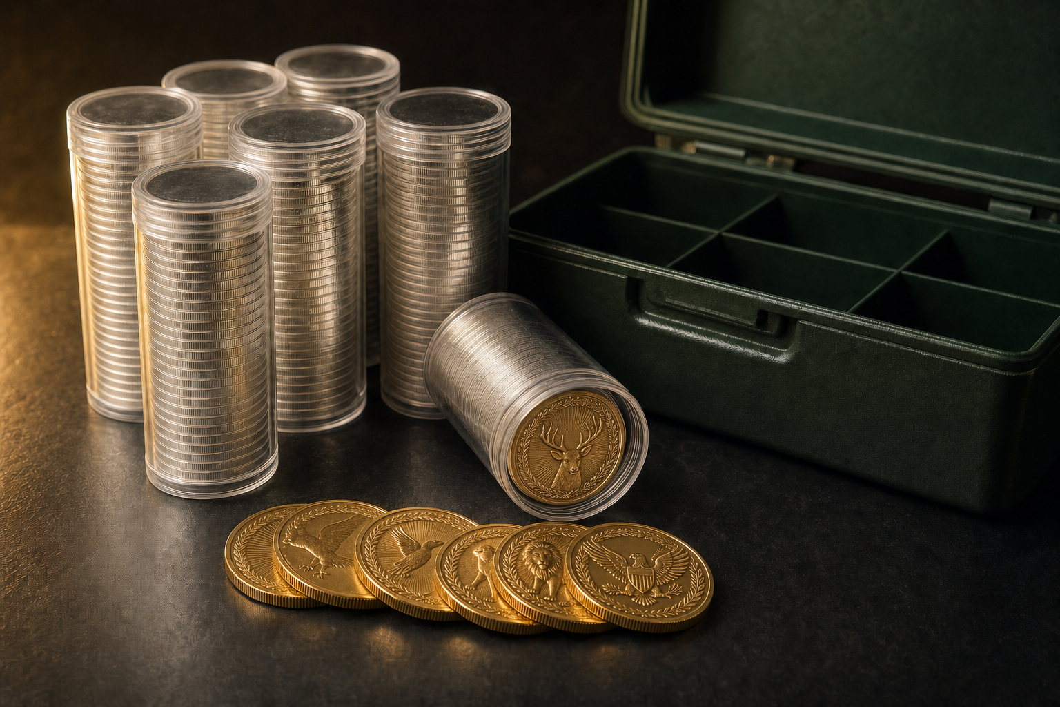 Investorenpaket mit gestapelten Münztuben, geöffneter Masterbox und geprägten Goldmünzen auf dunklem Schiefer