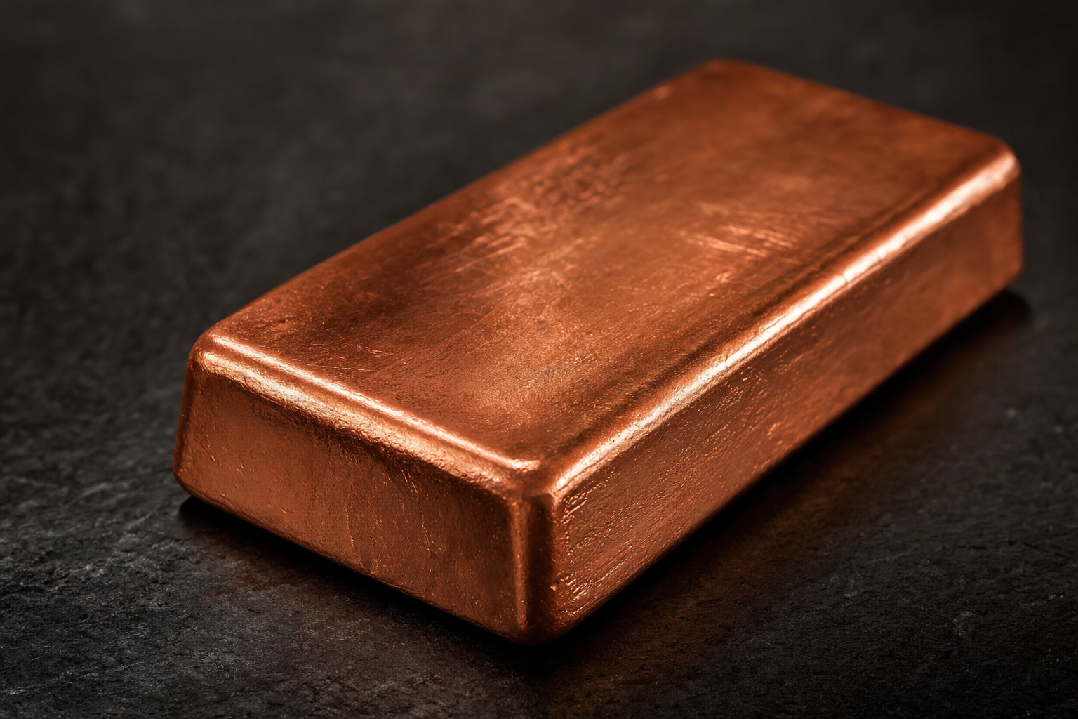 Massiver 1 kg Kupferbarren aus 999,9 Feinkupfer mit warmem roten Metallglanz auf dunkler Schieferflaeche