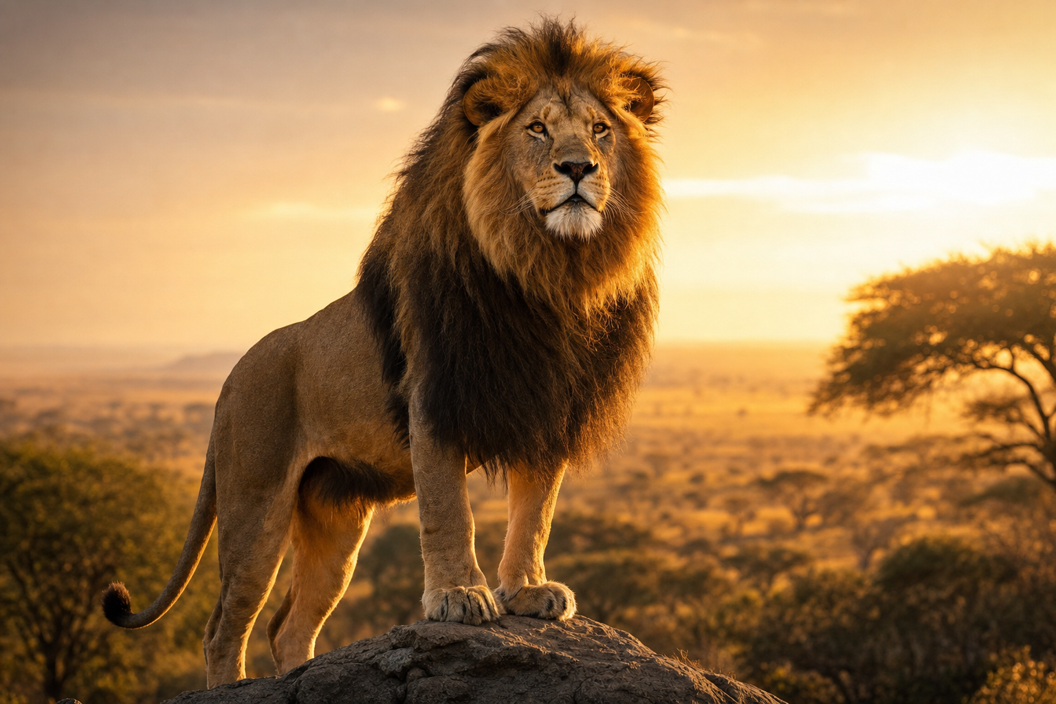 Afrikanischer Löwe mit voller Mähne auf einem Felsvorsprung in der goldenen Savanne bei Sonnenaufgang