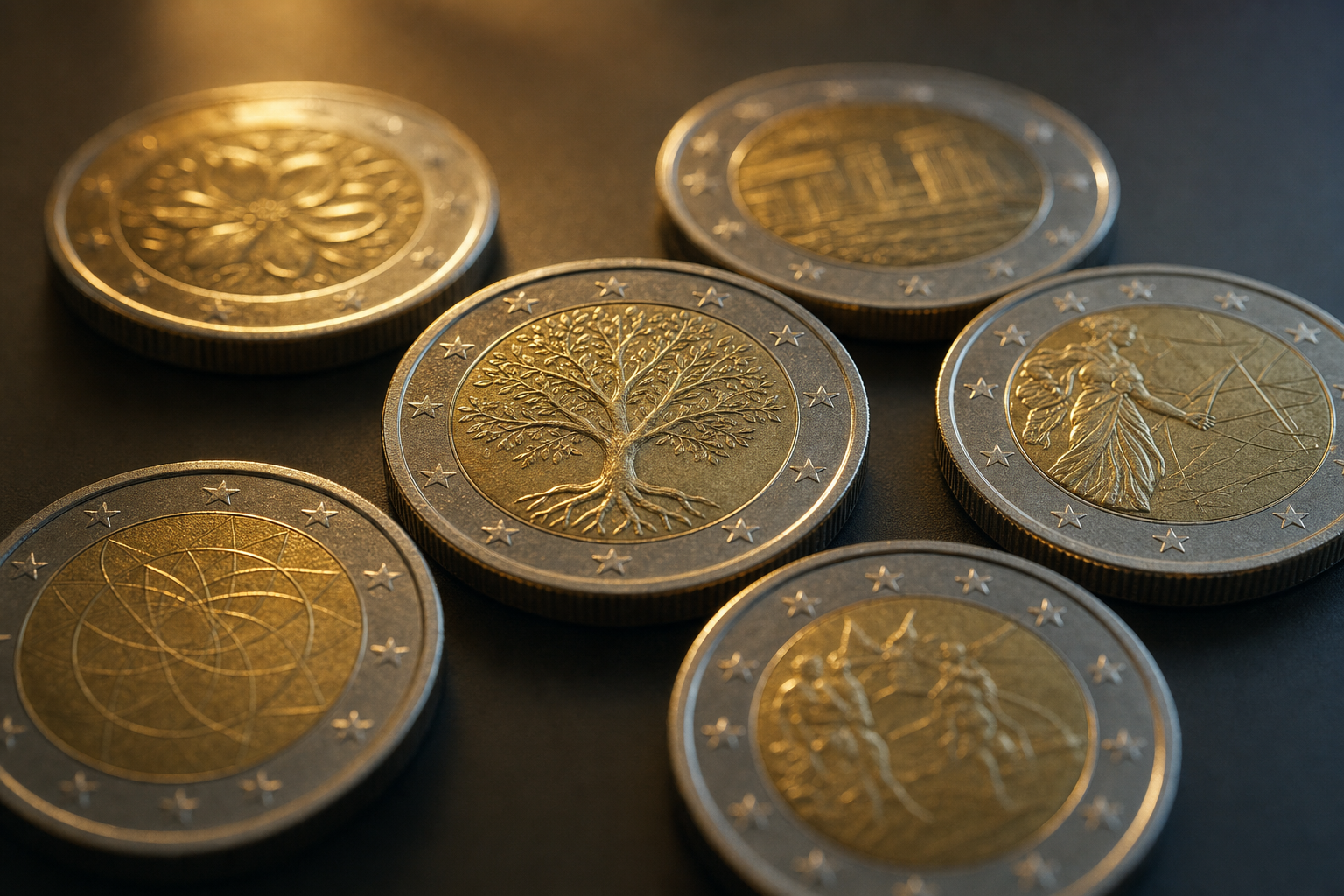 Mehrere Bimetall-Gedenkmünzen im 2-Euro-Format auf dunklem Untergrund mit warmem Randlicht