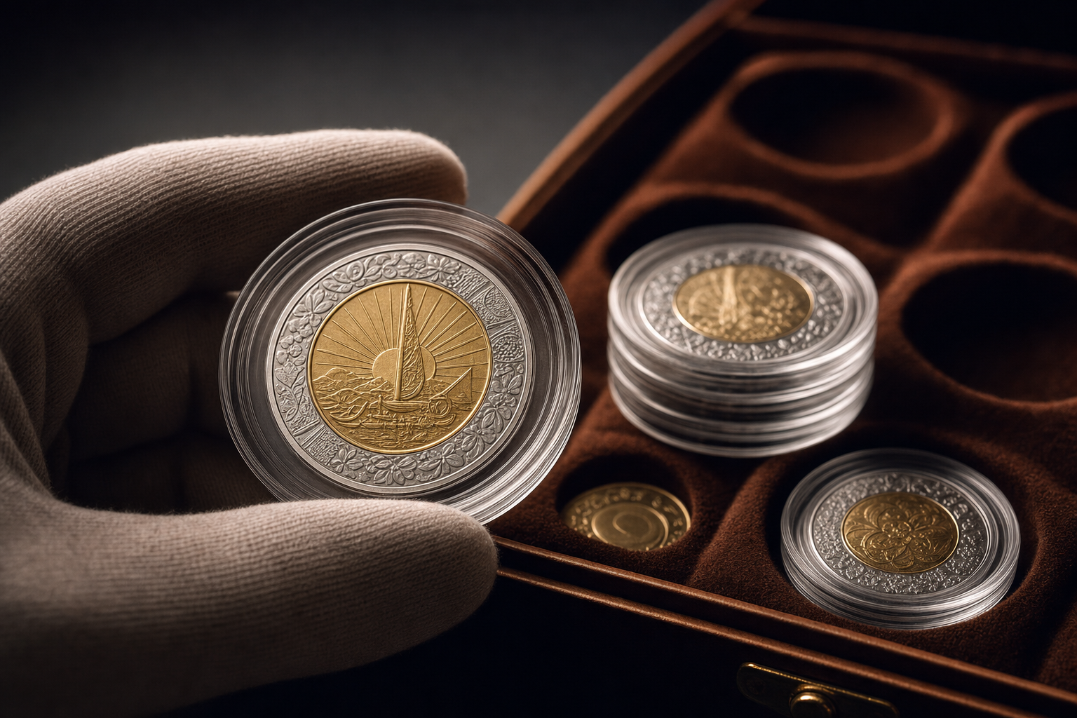 Bimetall-Gedenkmünze im 2-Euro-Format in einer transparenten Münzkapsel neben Sammlerzubehör