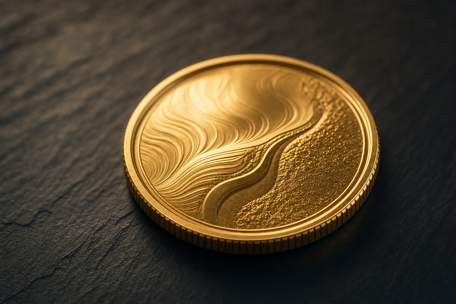 Detailaufnahme einer viertel Unze Goldmünze auf dunklem Untergrund mit warmem Goldlicht