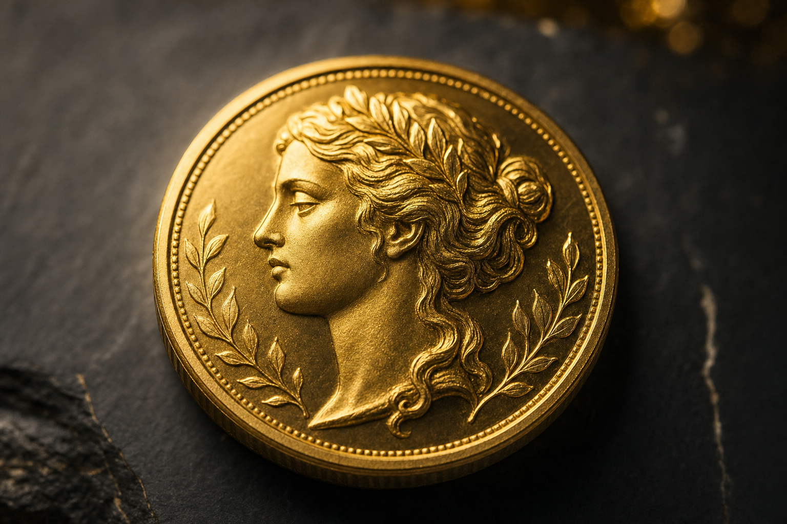Makroaufnahme einer Gold-Gedenkmünze mit fein geprägtem Relief auf dunklem Schiefer