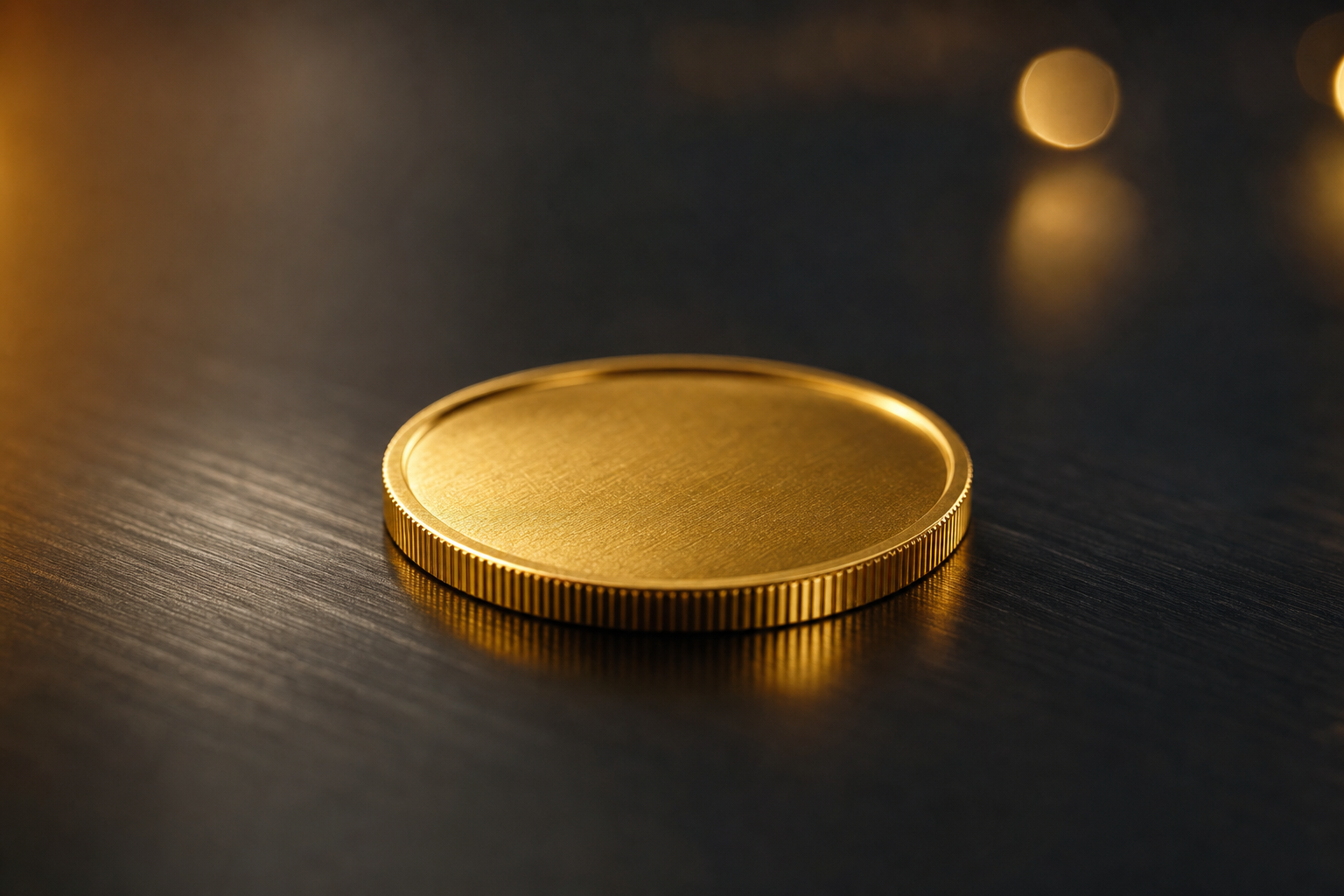 1-Unzen-Goldmünze auf dunklem gebürstetem Metalluntergrund mit warmem Licht