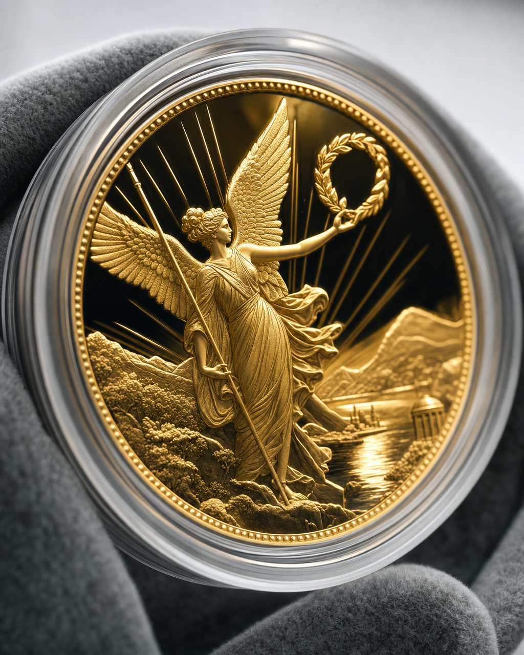 Goldmünze in Polierter Platte in einer Schutzkapsel mit spiegelnden Flächen und mattiertem Relief