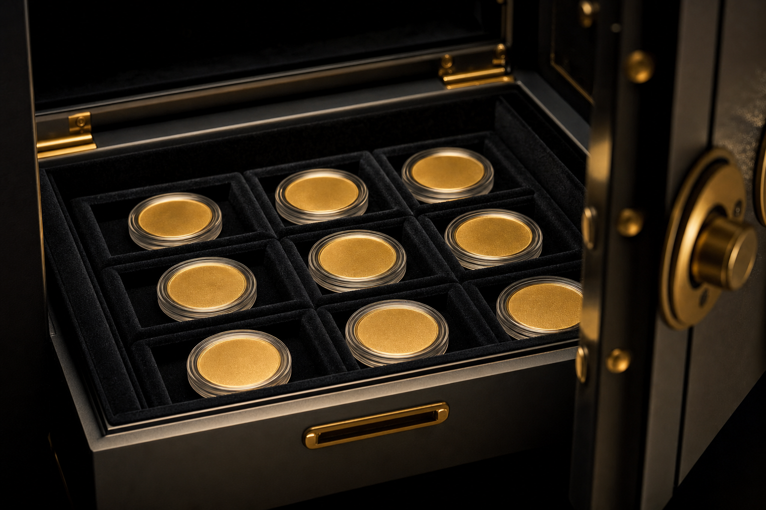 Goldmünzen in Münzkapseln in einem hochwertigen Tresor
