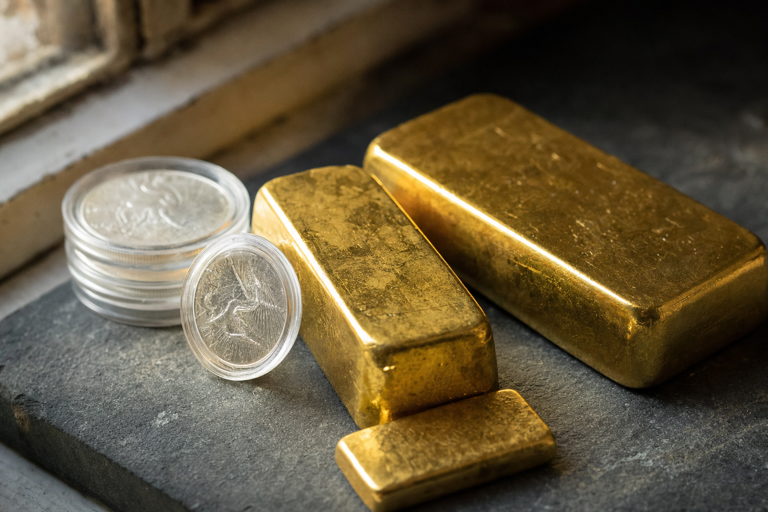 Goldbarren in mehreren Größen und ein Stapel Silbermünzen in Kapseln auf dunklem Schiefer