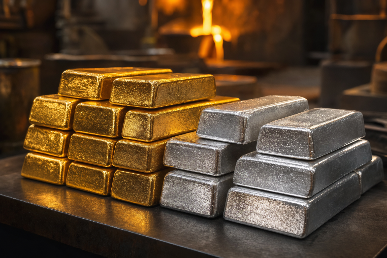 Gestapelte Gold- und Silberbarren auf gebürstetem Stahl in einer Scheideanstalt