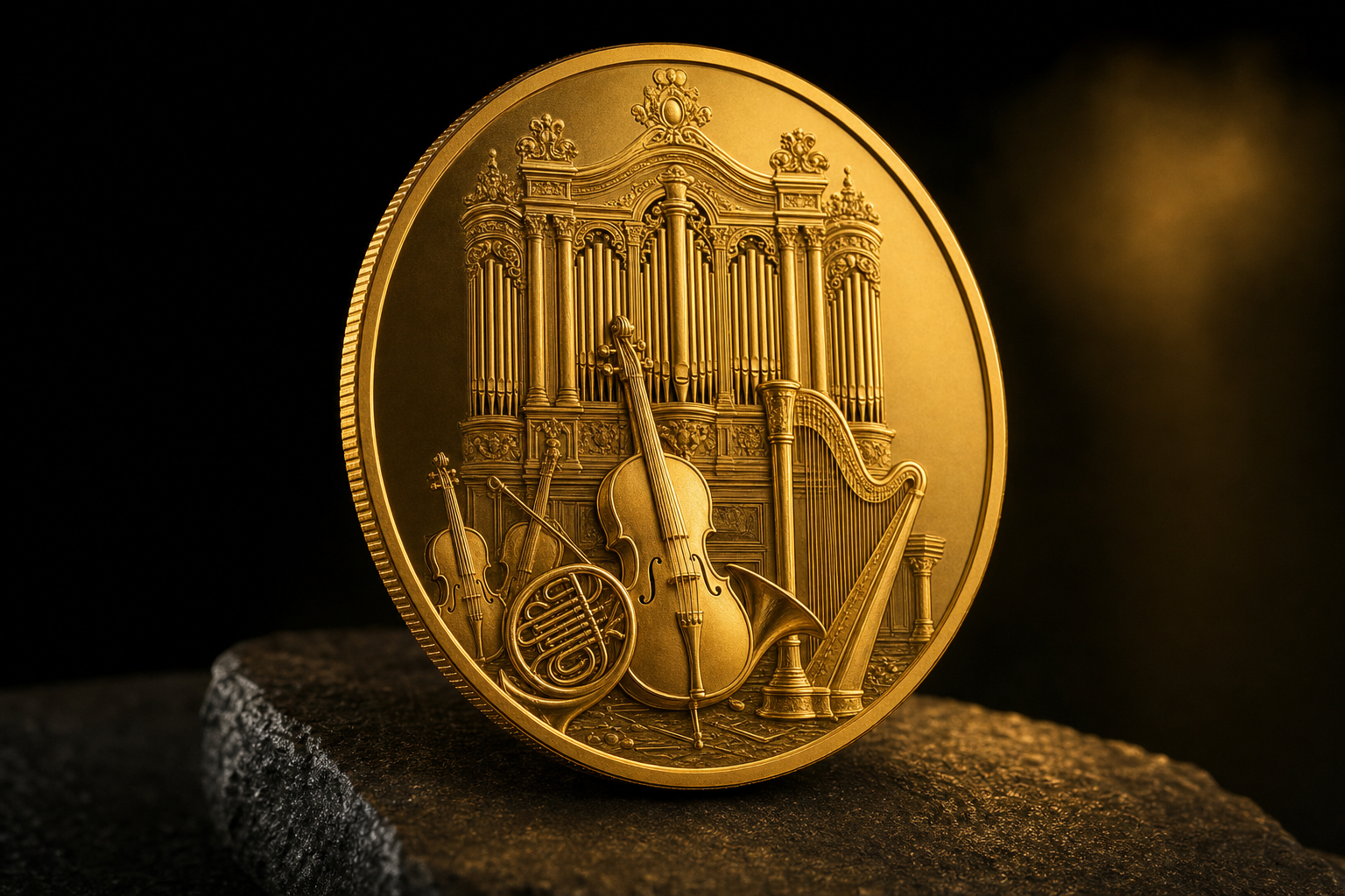 Goldmünze mit eingeprägtem Orgel- und Instrumentenmotiv als Symbolbild für den Wiener Philharmoniker