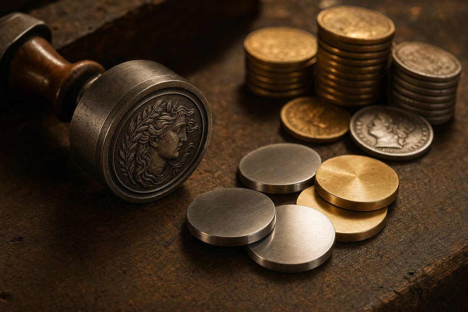 Historischer Prägestempel und Metallronden auf einer Werkbank als Symbolbild für die Prägetechnik der Münze Österreich
