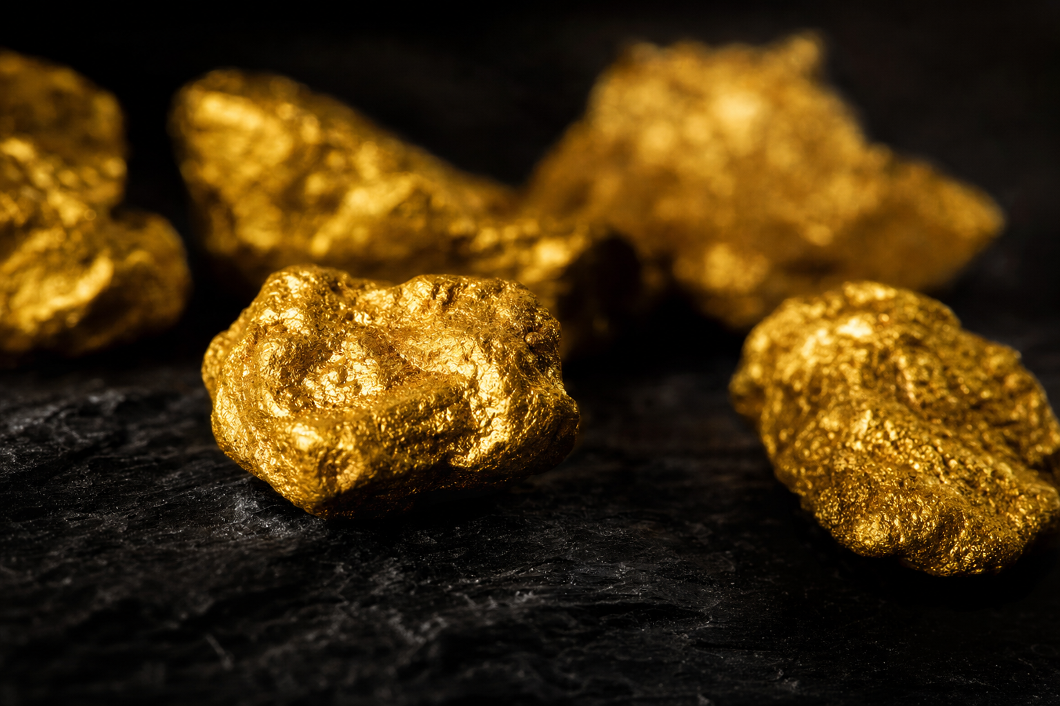 Mehrere echte Goldnuggets aus Naturgold mit unregelmäßiger Oberfläche auf dunklem Schiefer