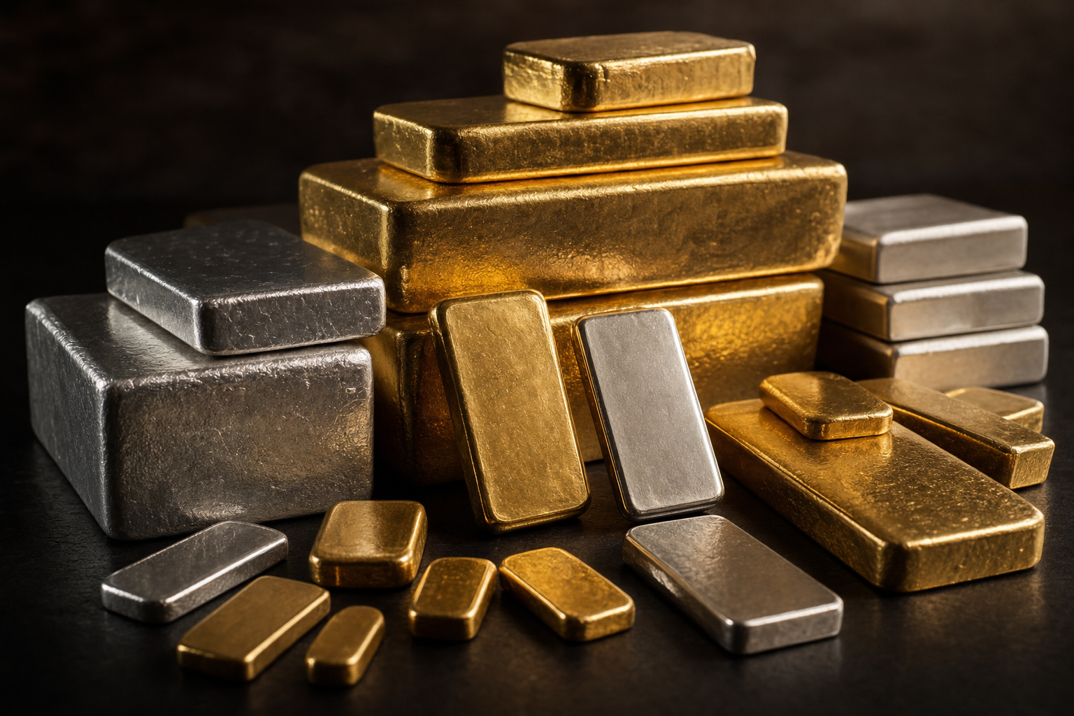 Sortiment verschiedener Edelmetallbarren aus Gold, Silber und Platin in unterschiedlichen Größen auf dunklem Untergrund