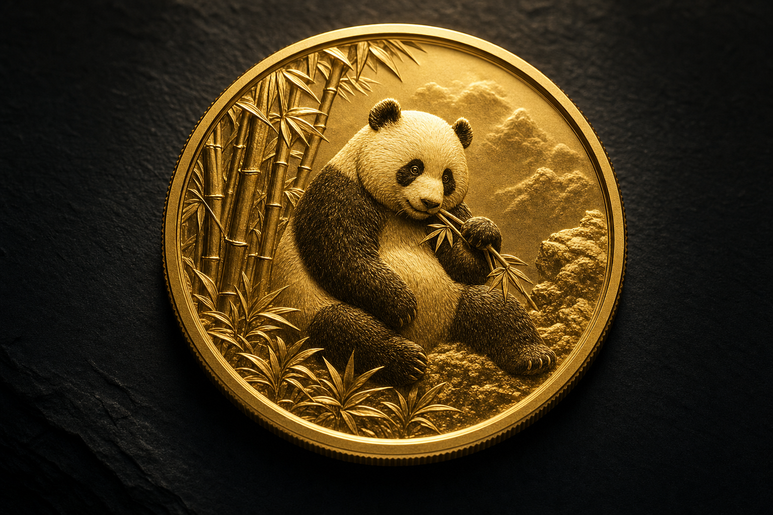 Makroaufnahme einer Feingold-Anlagemünze mit detailliertem Panda-Relief auf dunklem Schiefer