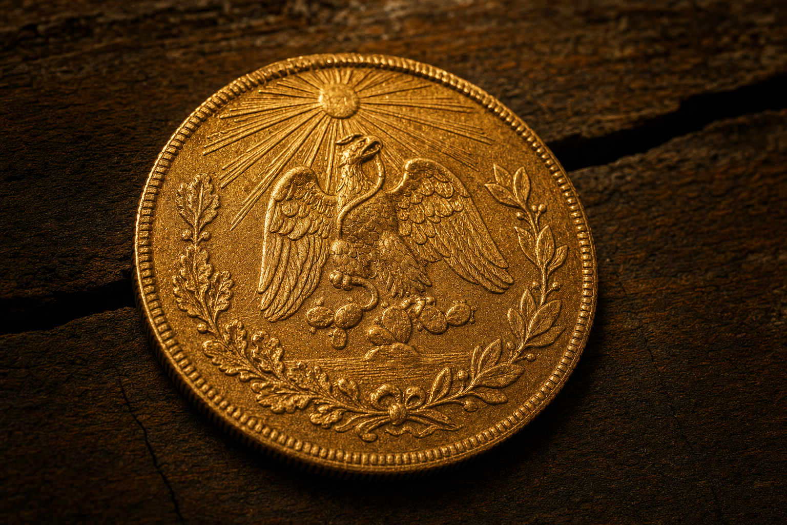 Historische mexikanische Goldmünze im warmen Rotgold-Ton mit Adler-Motiv