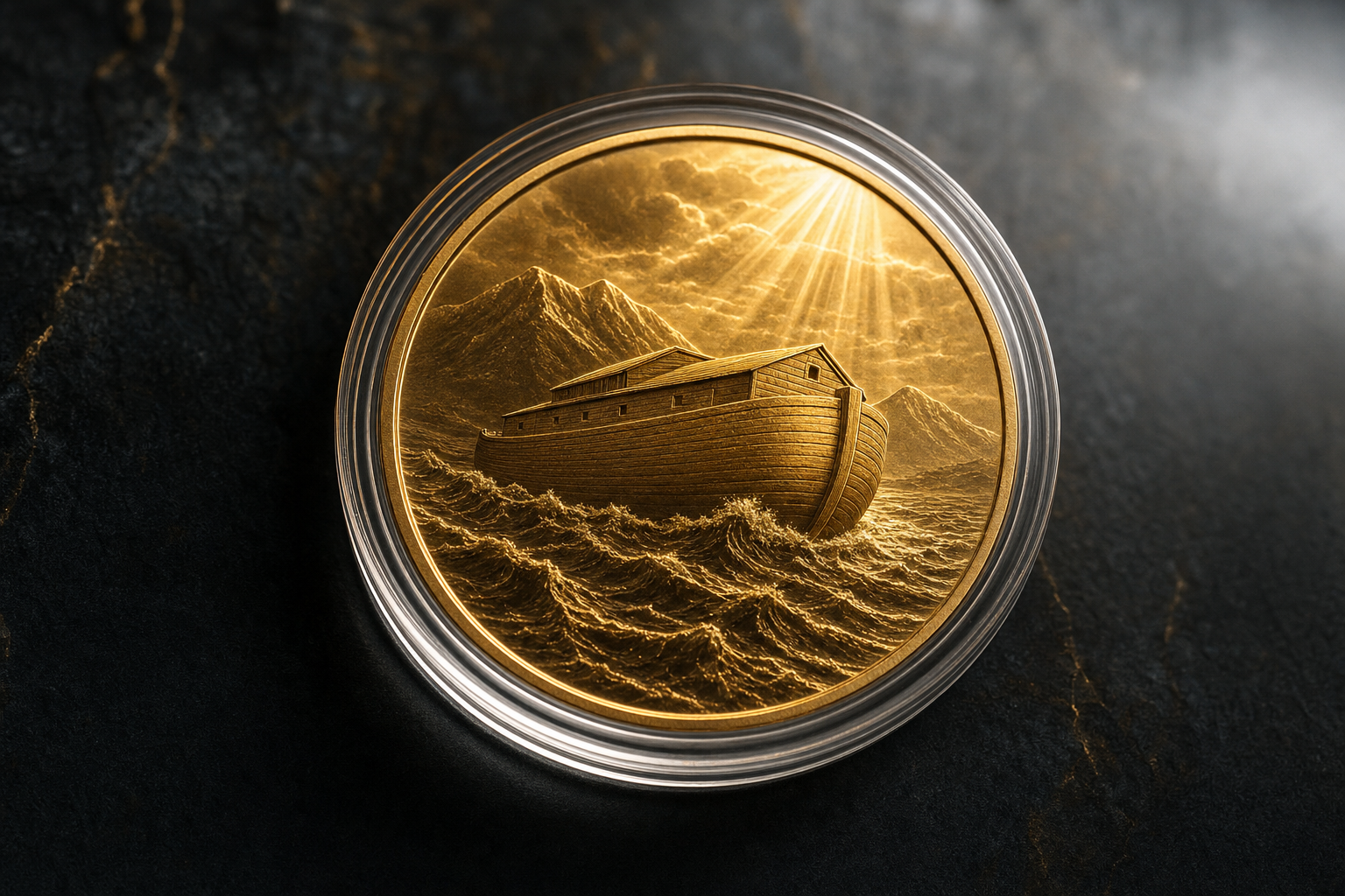 Goldene Arche-Noah-Anlagemünze mit Schiffsmotiv in einer Schutzkapsel auf dunklem Stein
