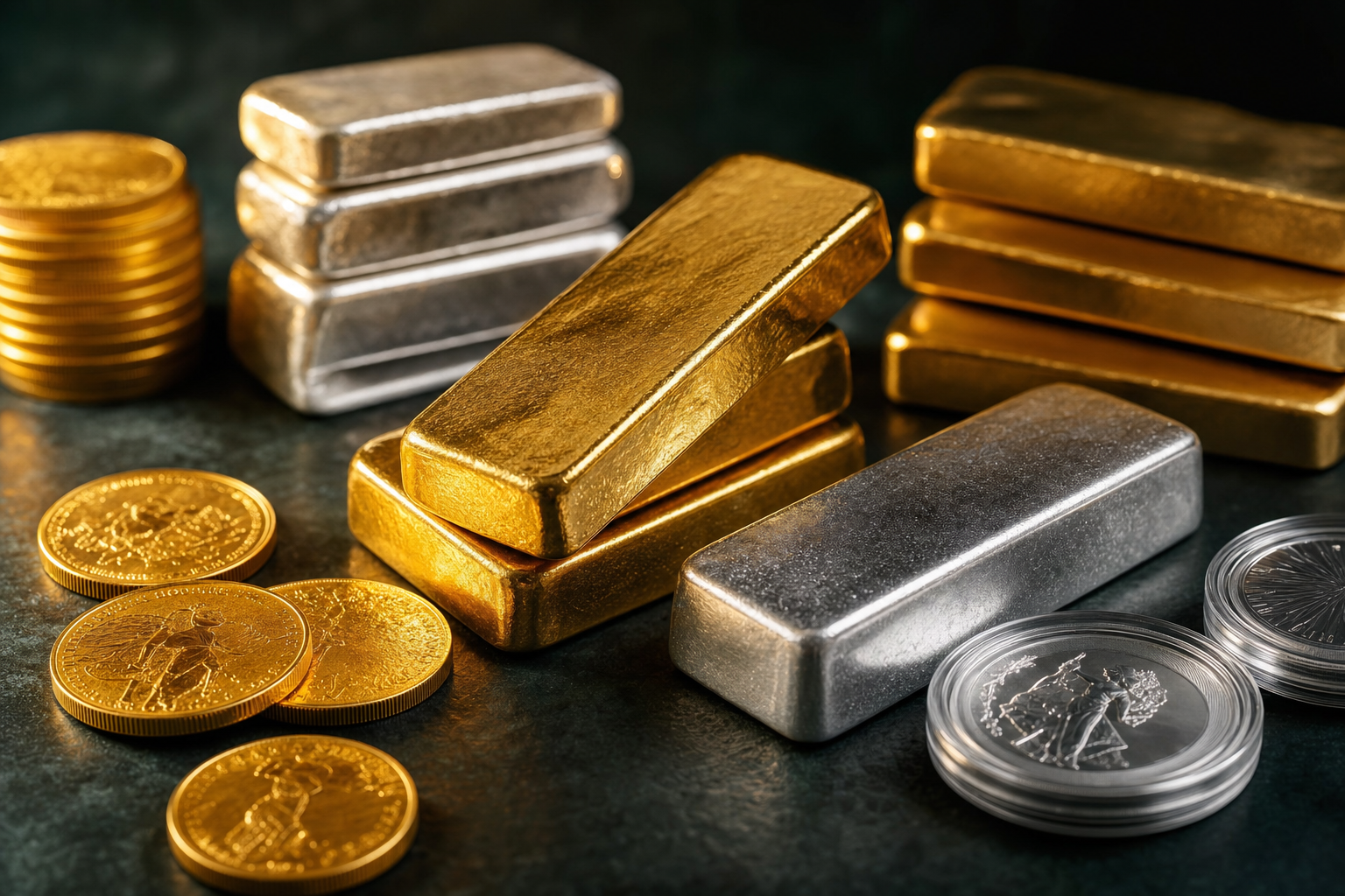 Sortiment aus Gold- und Silbermünzen sowie Barren verschiedener Stückelungen auf dunklem Untergrund