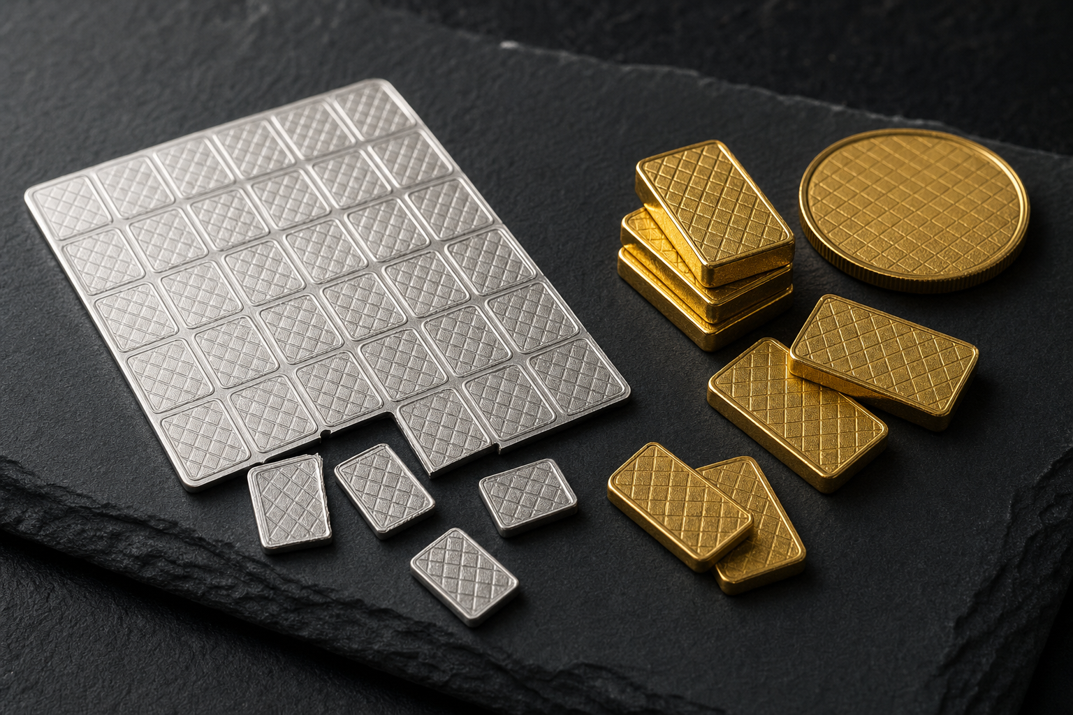 Neue kleine Barren und ein teilbarer Muenzbarren aus Gold und Silber auf dunklem Untergrund