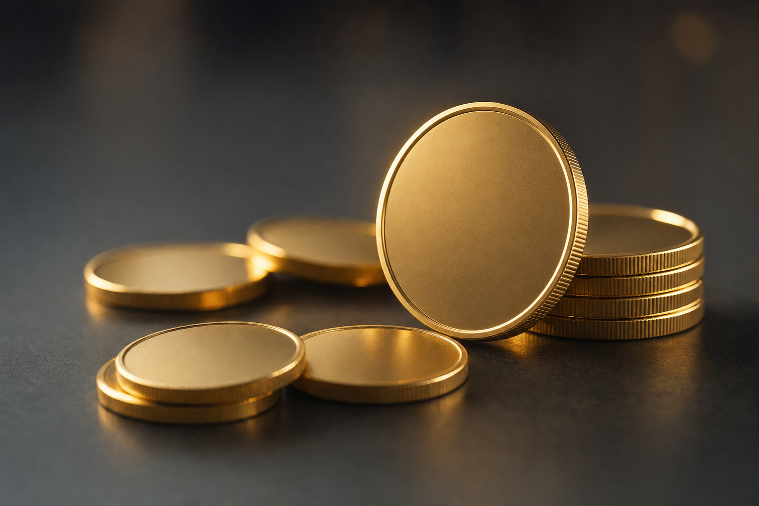 Frisch gepraegte Goldmuenzen als Neuerscheinung auf dunklem Untergrund mit warmem Goldlicht