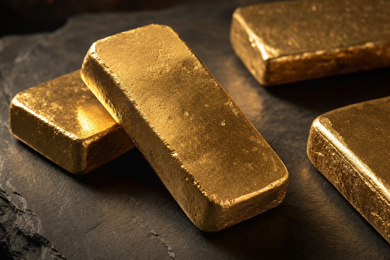Gegossene Goldbarren mit matter Oberfläche auf dunklem Schiefer im warmen Studiolicht