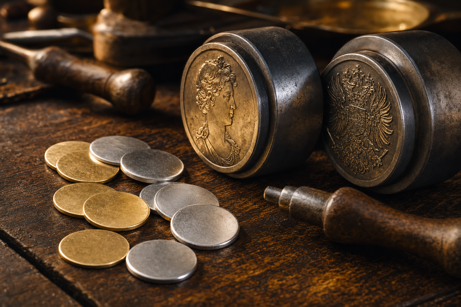 Historische Prägestempel mit blanken Gold- und Silberrohlingen auf einer dunklen Holzwerkbank