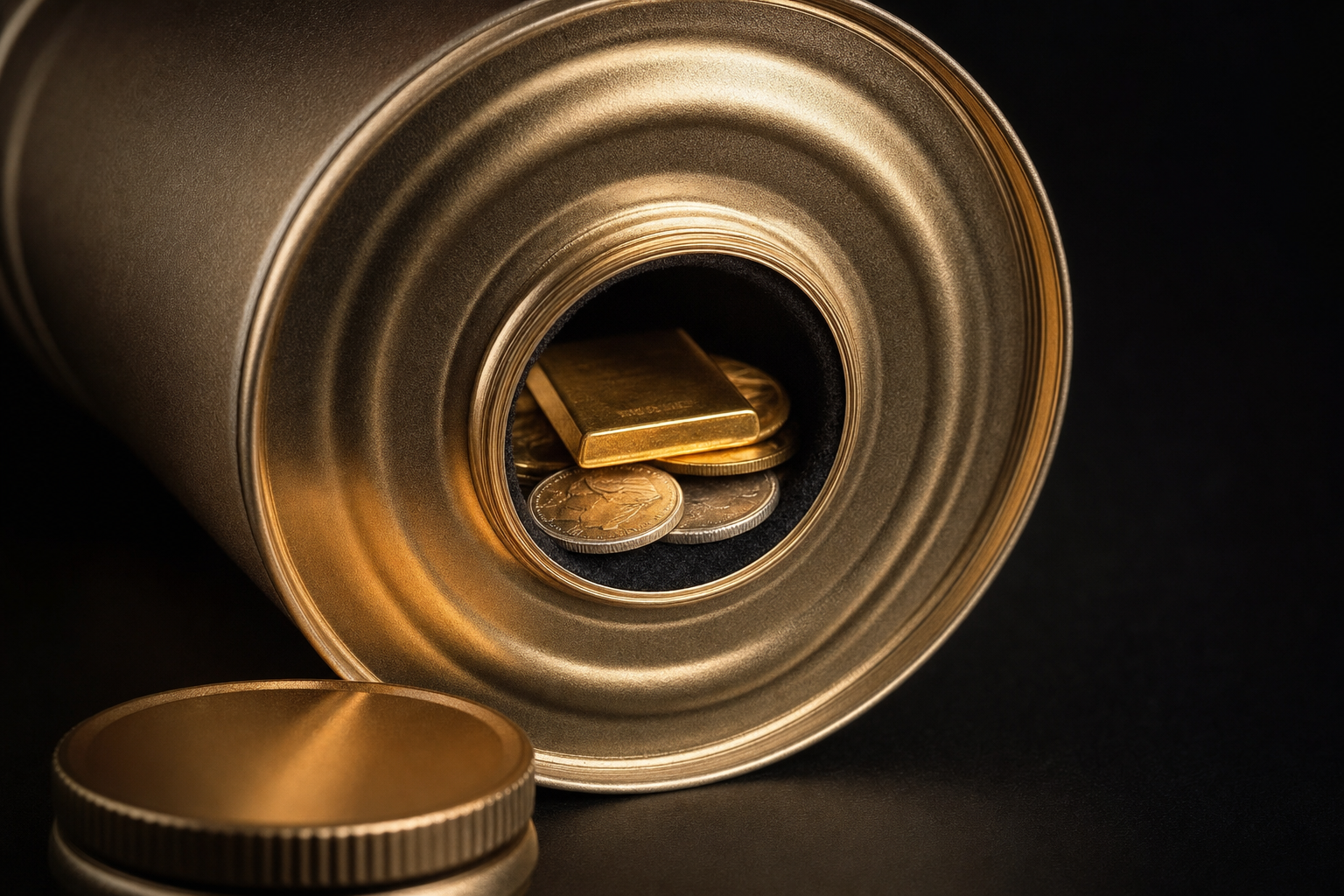 Geöffnetes Geheimfach eines Dosensafes mit Gold- und Silbermünzen sowie einem Kleinbarren