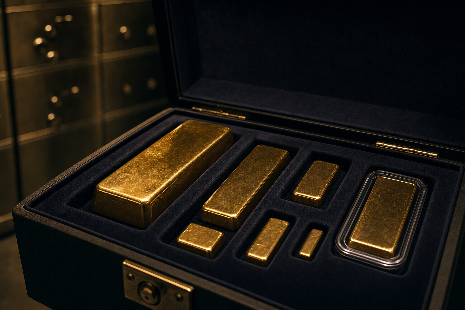 Mehrere Goldbarren in einer gepolsterten Aufbewahrungskassette mit Schutzkapsel