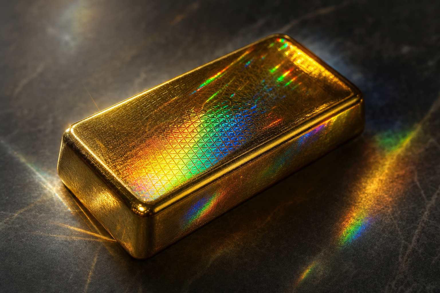 Goldbarren mit schillerndem Regenbogen-Hologramm als Sicherheitsmerkmal