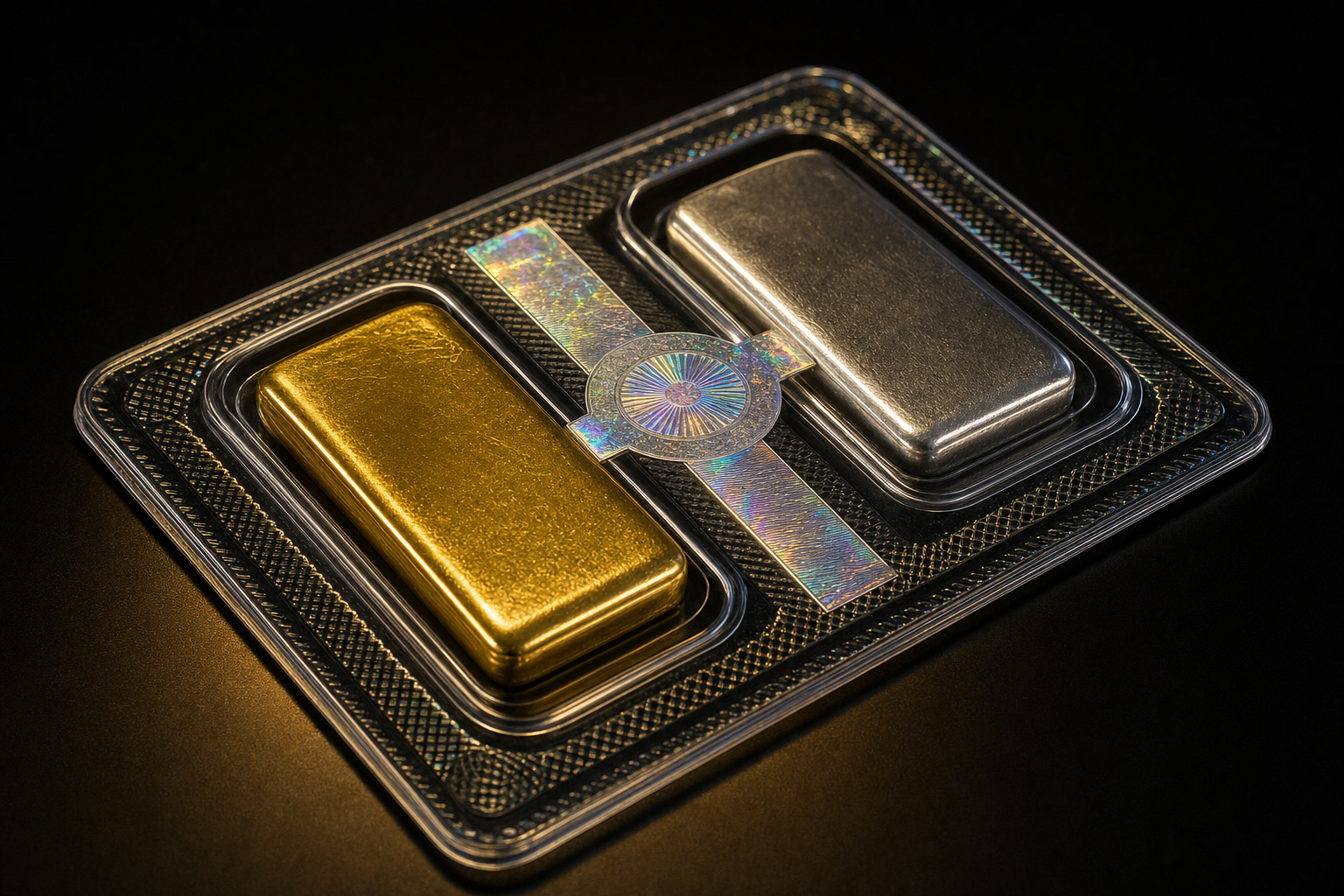 Gold- und Silberbarren in versiegeltem Blister mit holografischer Sicherheitsfolie