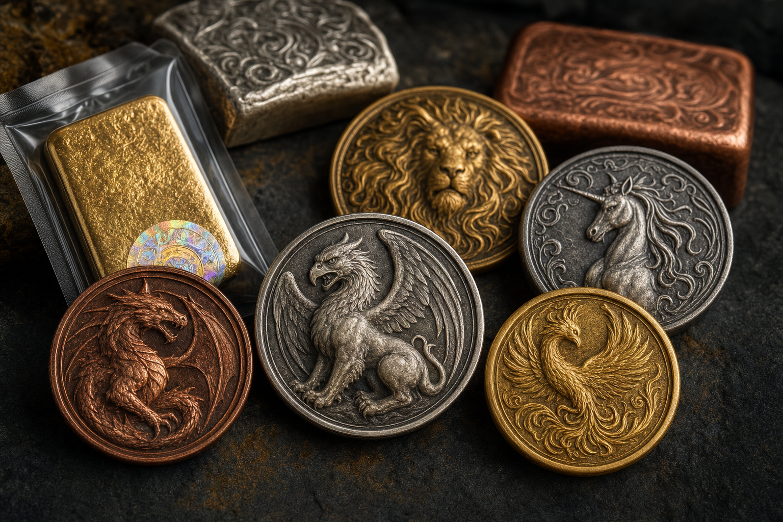 Sammlermünzen und Gussbarren der Germania Mint in Silber, Gold und Kupfer mit Antik-Finish und High-Relief-Motiven