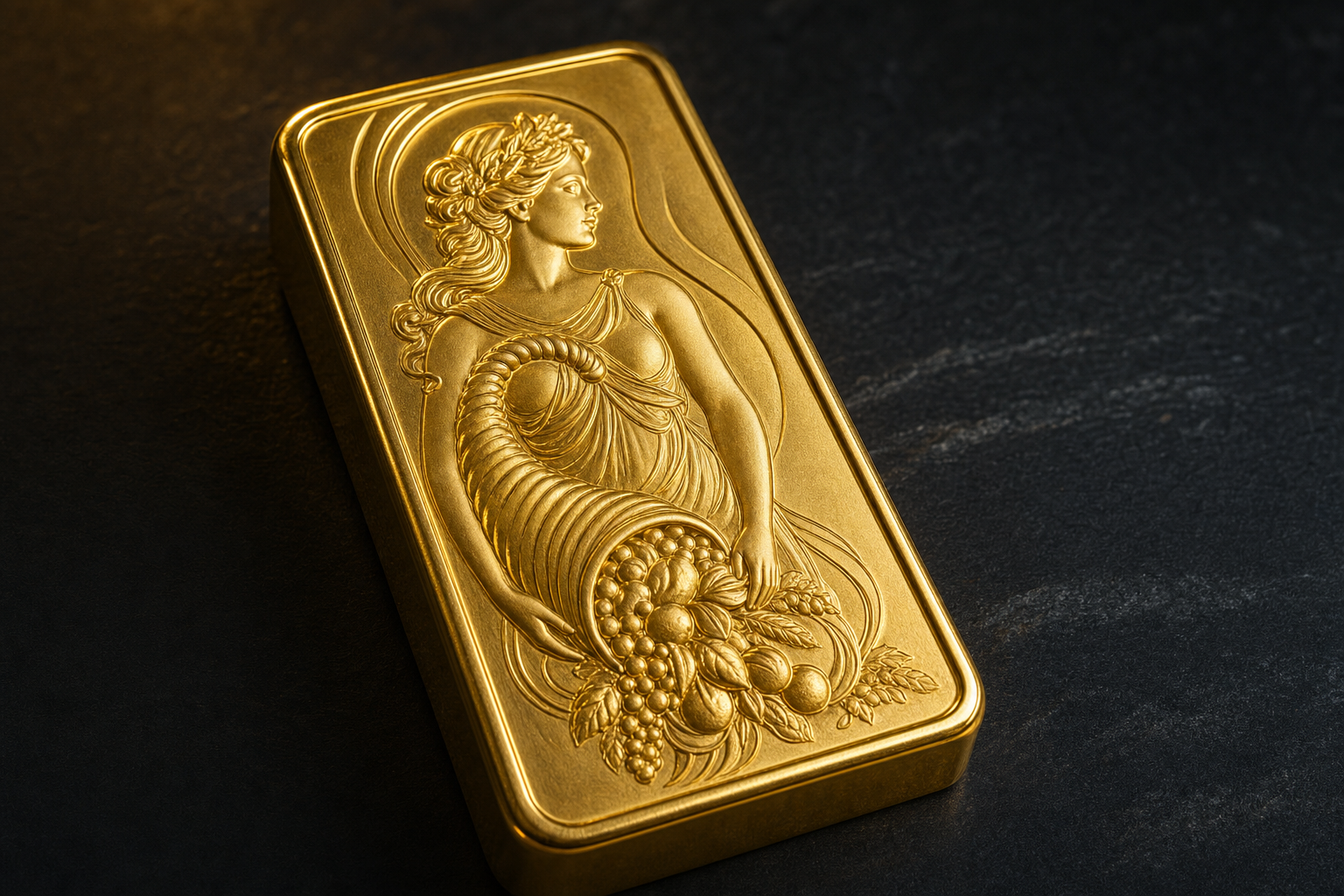 Nahaufnahme eines geprägten Goldbarrens mit klassischem Reliefmotiv im warmen Seitenlicht