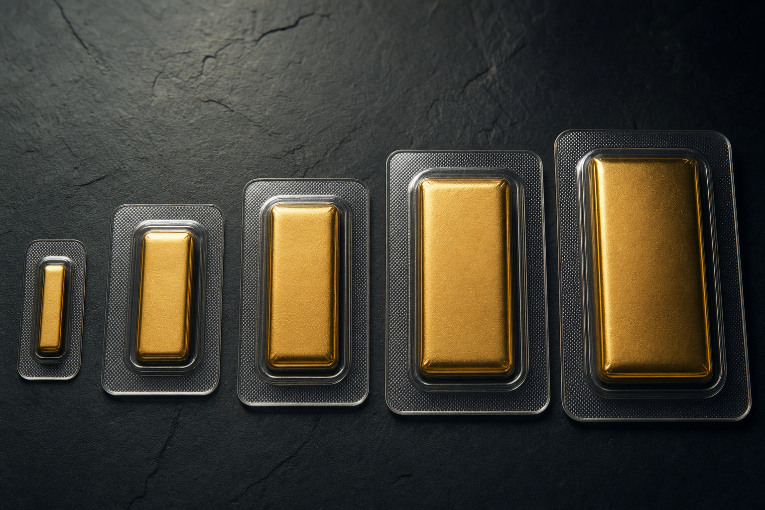 Geprägte Goldbarren verschiedener Stückelungen in versiegelten Schutzkarten auf dunklem Untergrund