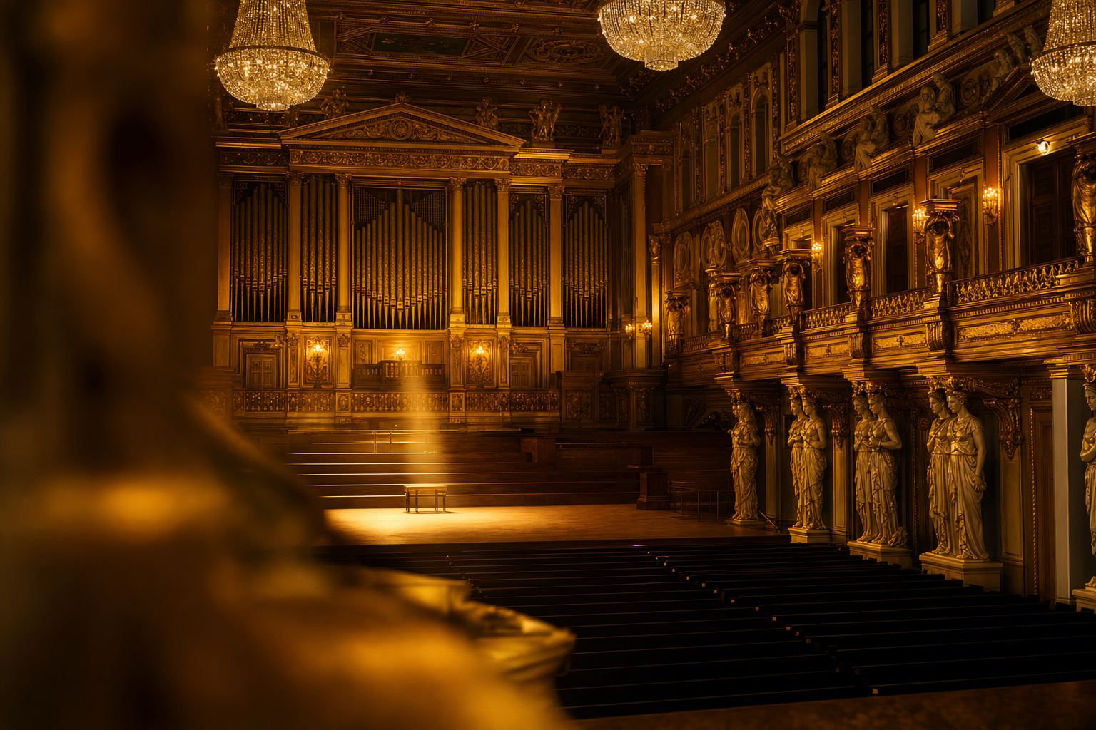 Prunkvoller Konzertsaal im Wiener Stil mit vergoldeten Balkonen und warmem Goldlicht
